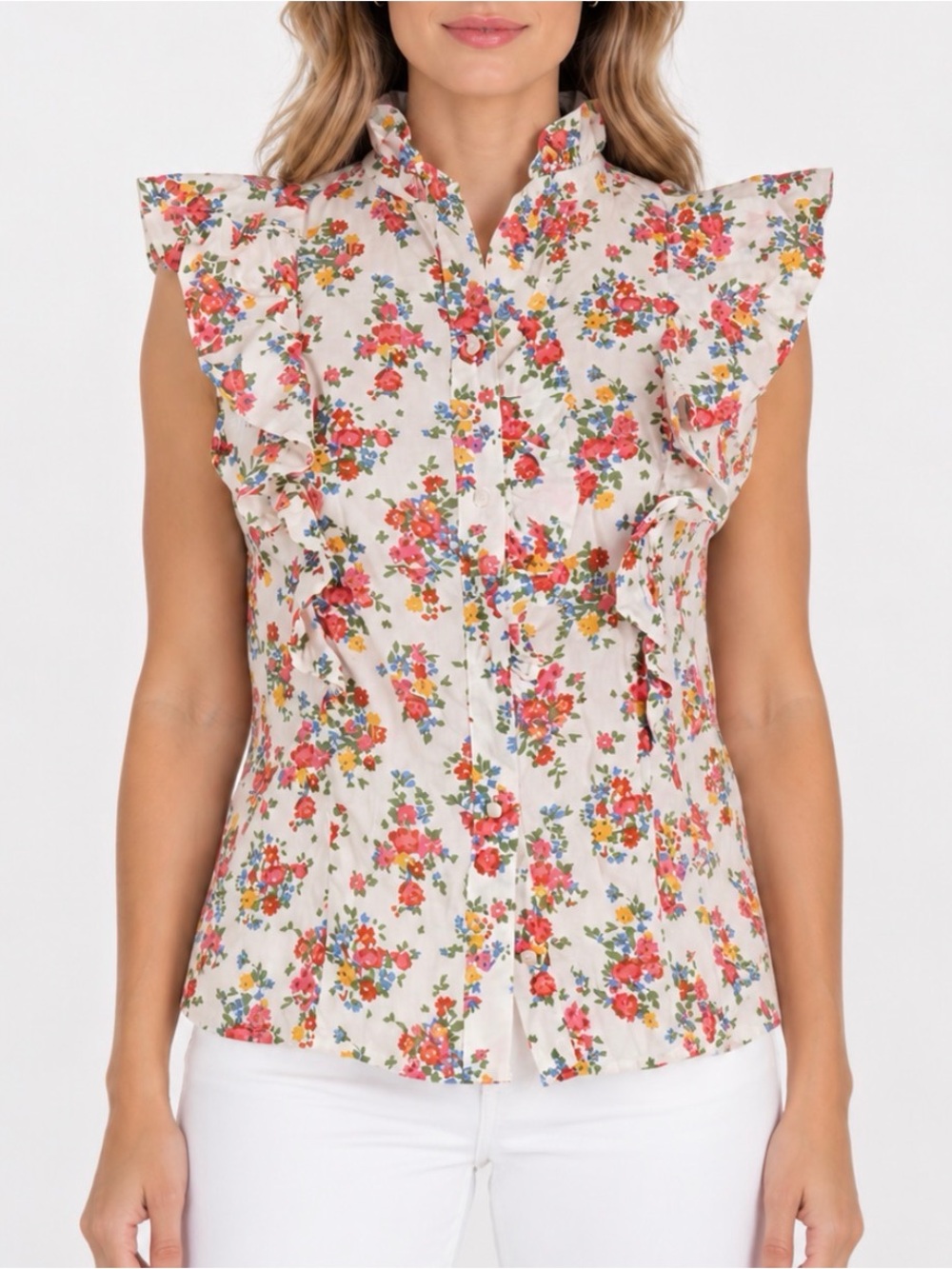 Sézane Floral Ruffle Sleeveless Blouse – Size 36 / US 4 and 100% Cotton